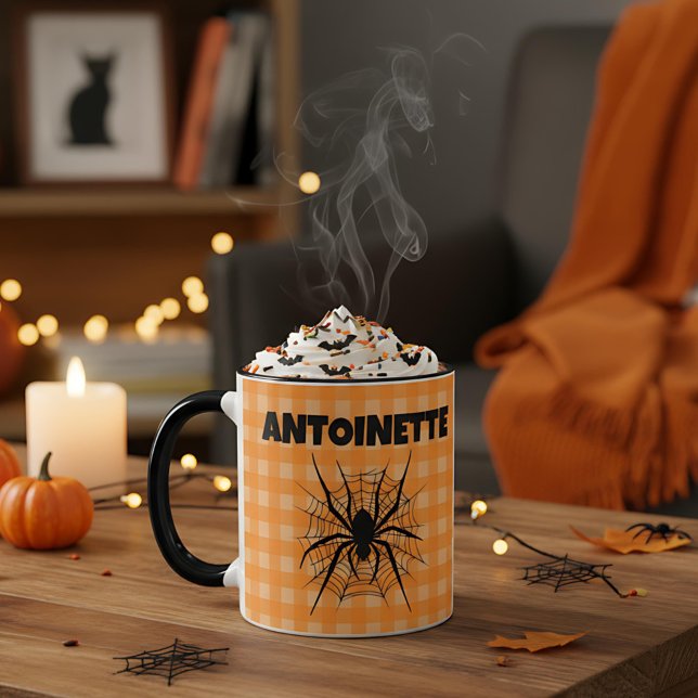 Halloween Spider in Cobweb Orange Gingham Plaid Mug (Creator Uploaded)