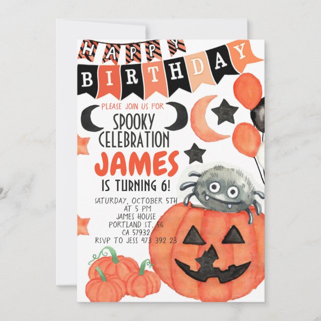 Halloween Spider Pumpkin Birthday Invitation  (Front)