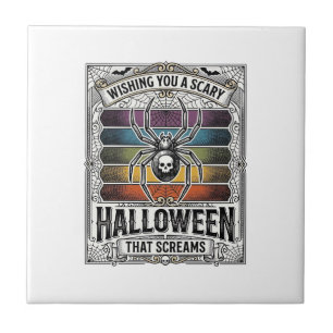 Halloween Spider Scary Retro Engraving Rainbow Web Ceramic Tile