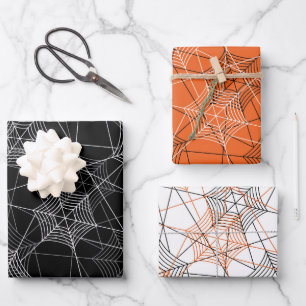 Halloween Spider Web Black White Orange Gift Wrapping Paper Sheets