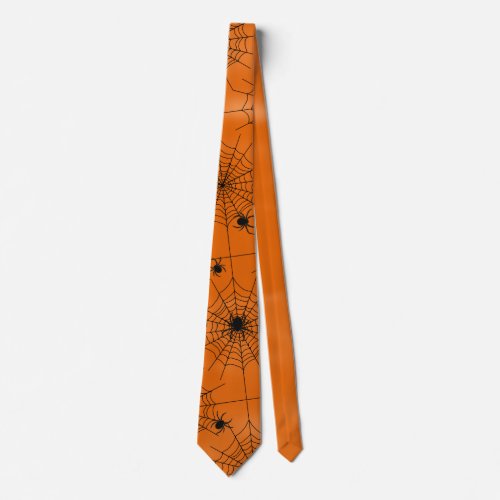 Halloween Spider Web Many Spiders on Orange Neck Tie