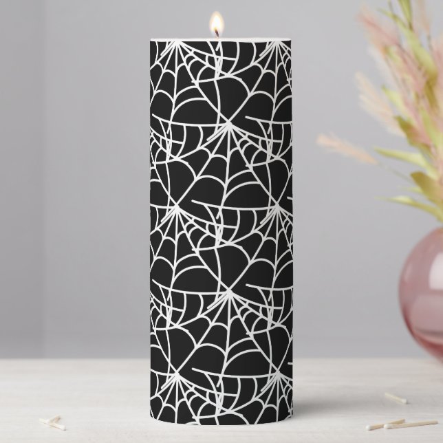 Halloween Spider Web Pattern Spooky Cobweb Pillar Candle (In Situ)