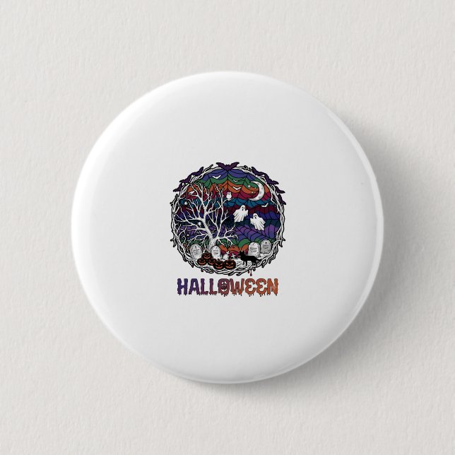 Halloween Spider Web Tree Ghosts Pumpkins Tombston Button (Front)