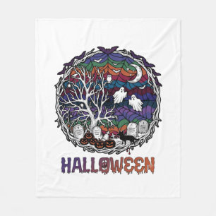 Halloween Spider Web Tree Ghosts Pumpkins Tombston Fleece Blanket