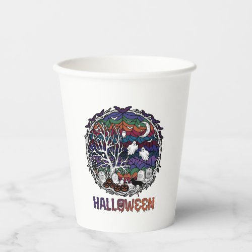 Halloween Spider Web Tree Ghosts Pumpkins Tombston Paper Cups
