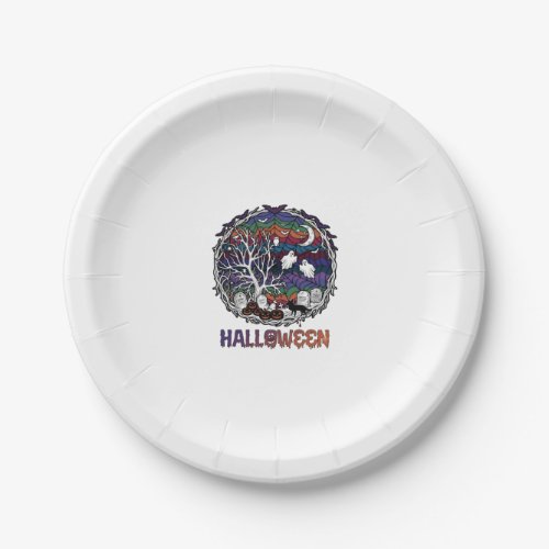 Halloween Spider Web Tree Ghosts Pumpkins Tombston Paper Plates