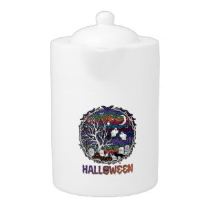 Halloween Spider Web Tree Ghosts Pumpkins Tombston Teapot