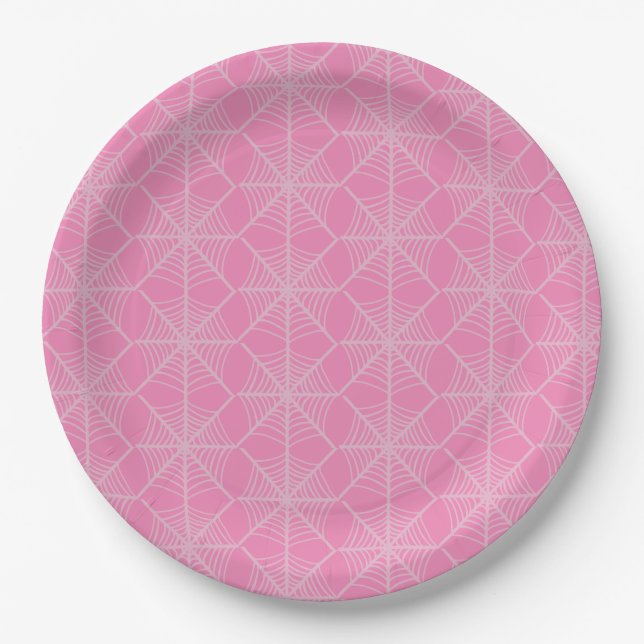 Halloween Spider Webs in Pink and White  Paper Plates (Front)