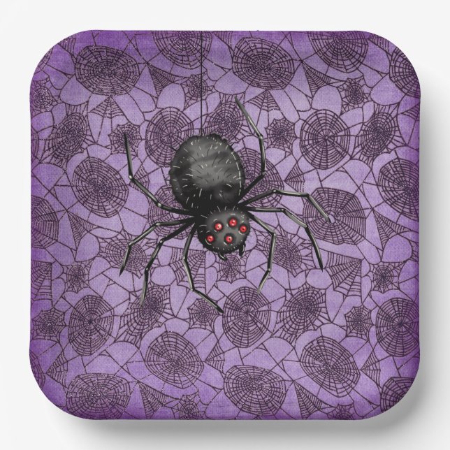 Halloween Spider Webs On Purple  Paper Plates (Front)