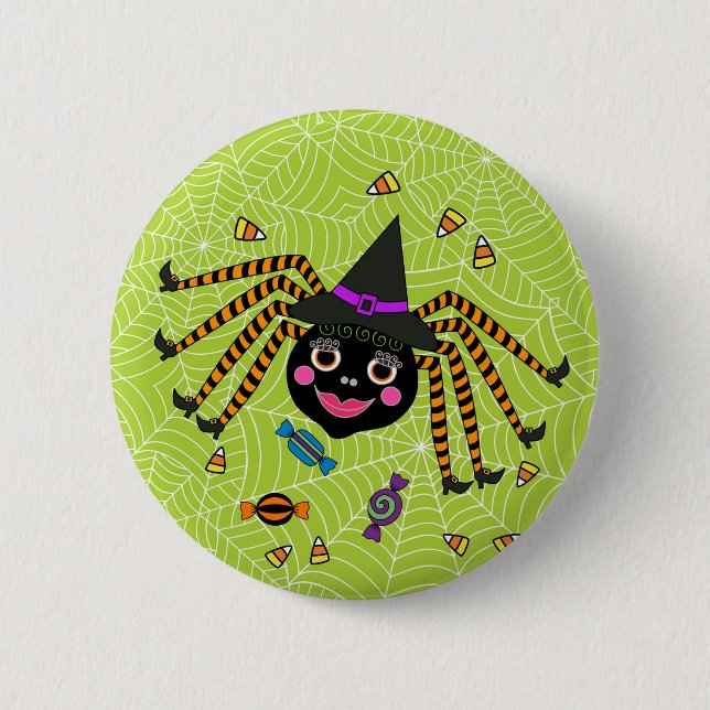 Halloween Spider Witch with Candy Round Pinback Button (Front)