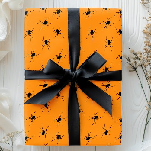 Halloween Spiders Black Orange Scary Pattern Wrapping Paper