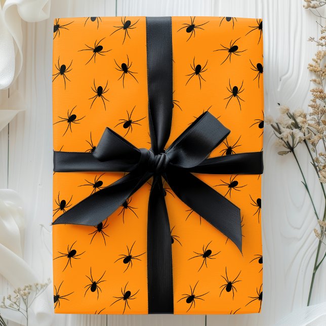 Halloween Spiders Black Orange Scary Pattern Wrapping Paper (Creator Uploaded)