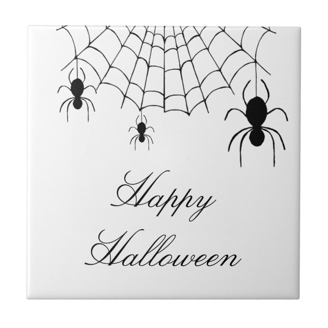 Halloween Spiders Cute Black White Ceramic Tile (Front)