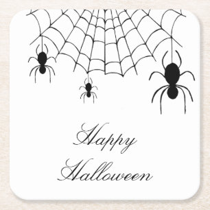 Halloween Spiders Cute Gothic Black White Square Paper Coaster