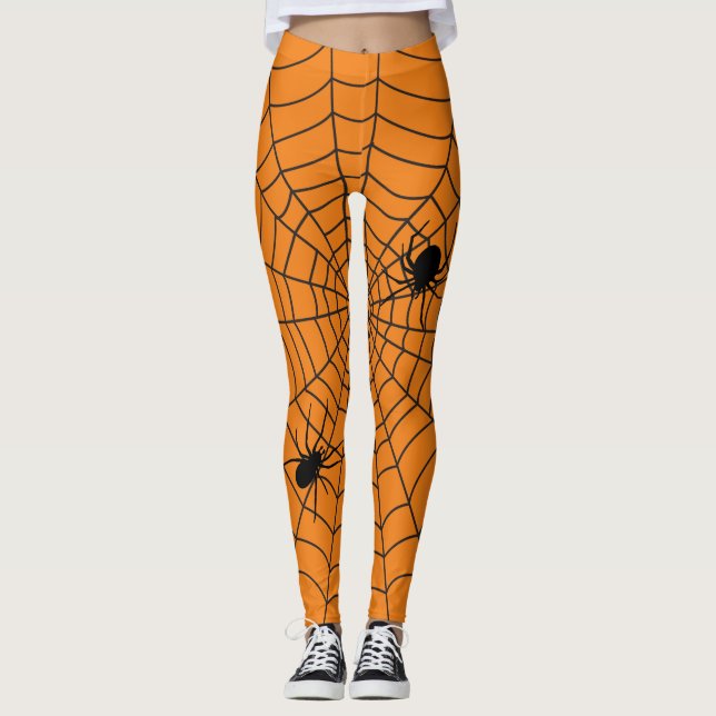 Halloween Spiders on Cobweb Orange Black Leggings (Front)