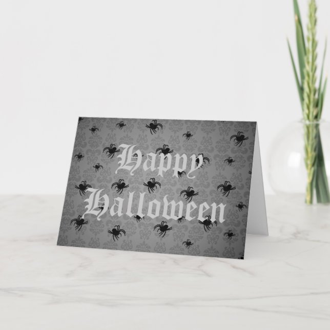 Halloween spiders on gray faded damask card (Front)