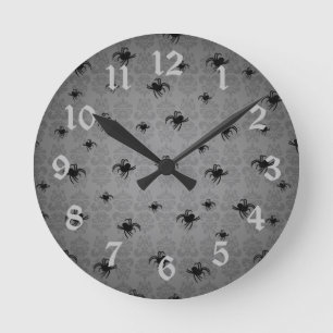 Halloween spiders on gray faded elegant damask round clock