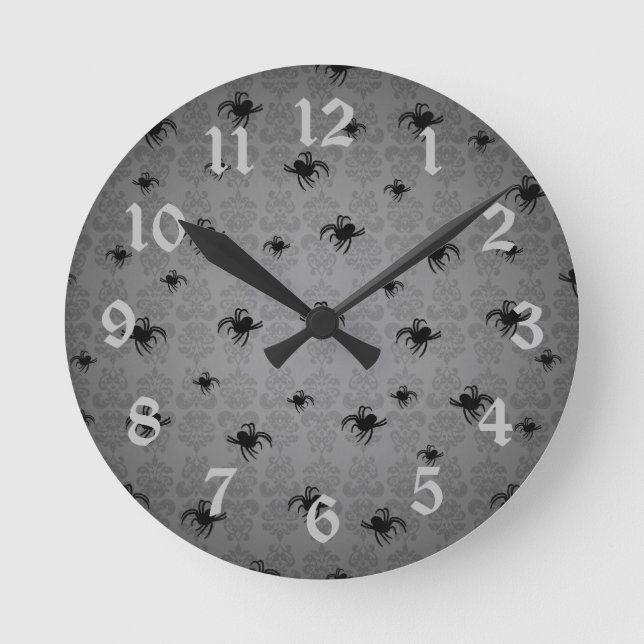 Halloween spiders on gray faded elegant damask round clock (Front)