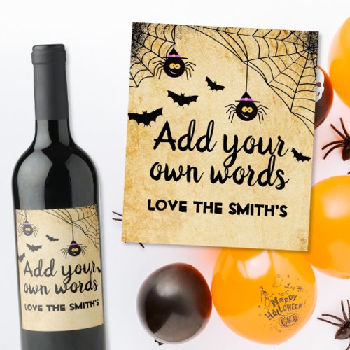 Halloween Spiders vintage party decor Wine Label