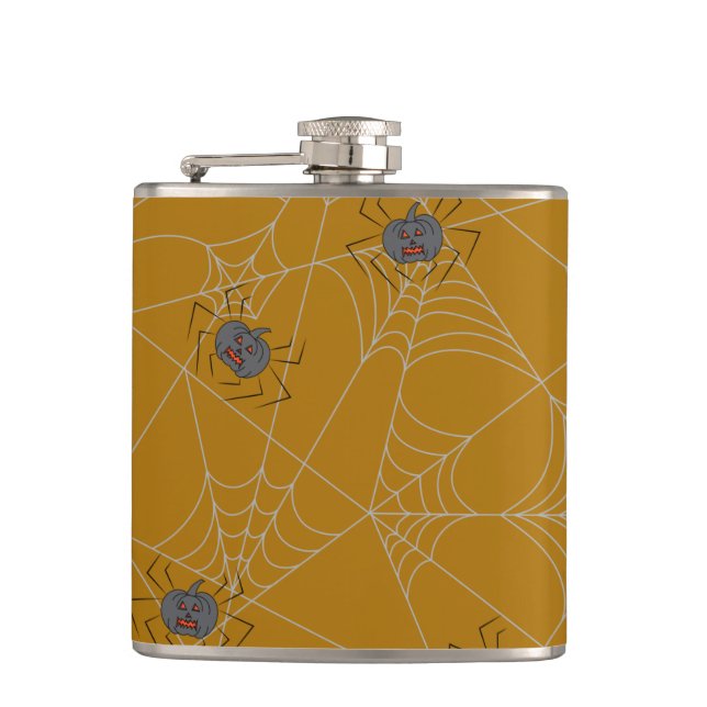 Halloween spiders web and pumpkins   flask (Front)