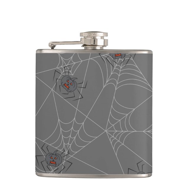 Halloween spiders web and pumpkins   flask (Front)