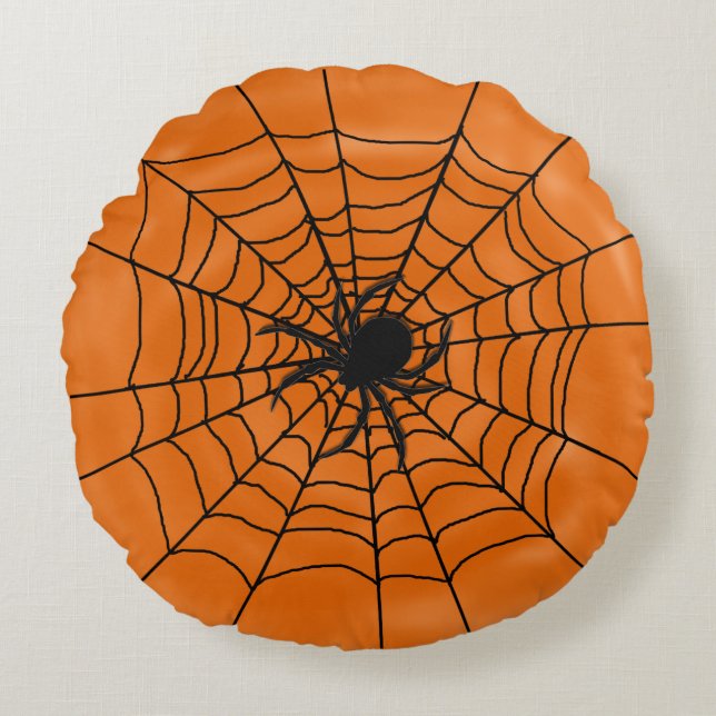 Halloween Spiders Web with Spider on Orange Round Pillow (Front)