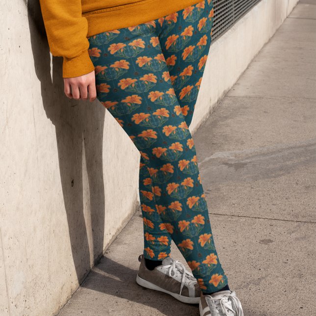 Halloween, Spiders, Webs, Orange Lily, Dark Whimsy Leggings (Halloween, Spiders, Webs, Orange Lily, Dark Whimsy Leggings - Small Pattern Repeat)