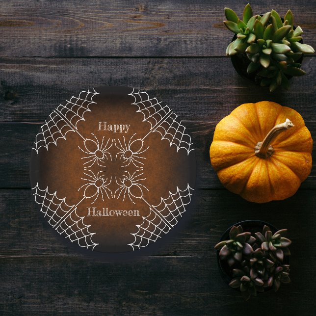 Halloween Spiderweb spiders black orange white  Paper Plates (Creator Uploaded)