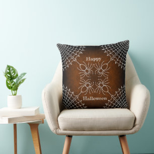 Halloween Spiderweb spiders black orange white Throw Pillow