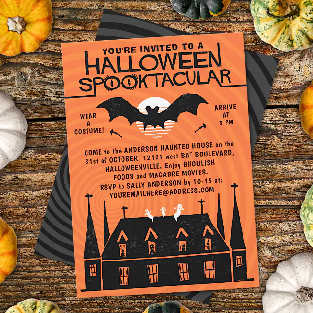 Halloween Spooktacular 1960s Midcentury Retro Bat Invitation | Zazzle