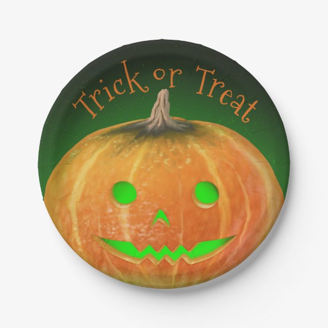 Halloween Spooktacular Pumpkin Smile Green Light Paper Plates (Front)