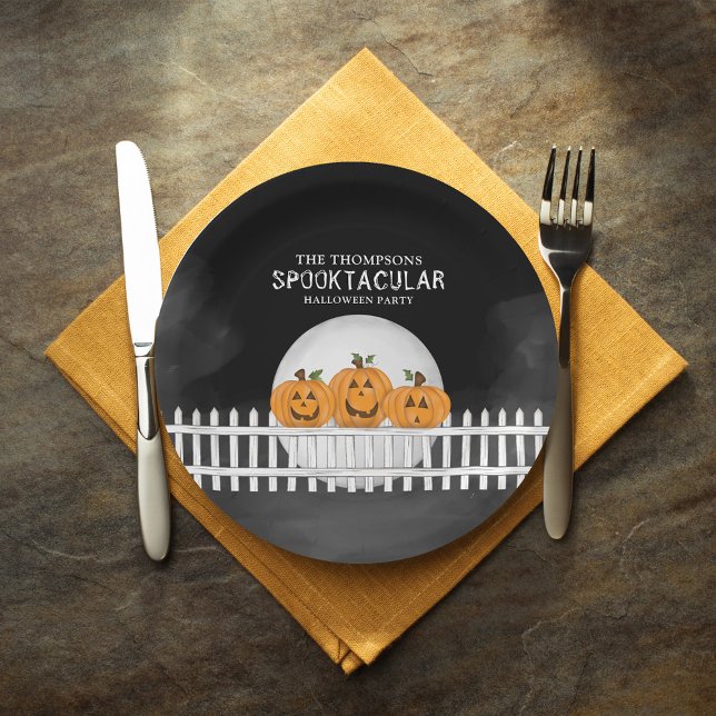 Halloween Spooktacular Whimsical Pumpkins Funny Paper Plates (Whimsical pumpkins Halloween paper plate. With smiling Jack O Lanterns. )