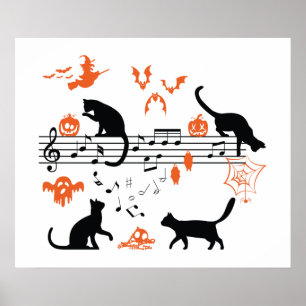 Halloween Spooky and Scary Cats Playing Music Note Poster