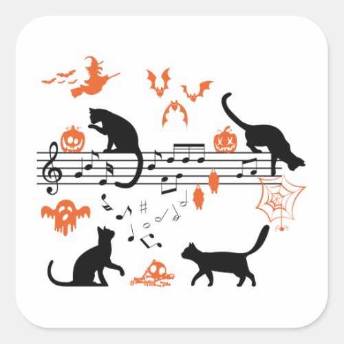 Halloween Spooky and Scary Cats Playing Music Note Square Sticker
