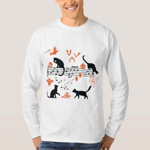 Halloween Spooky and Scary Cats Playing Music Note T_Shirt