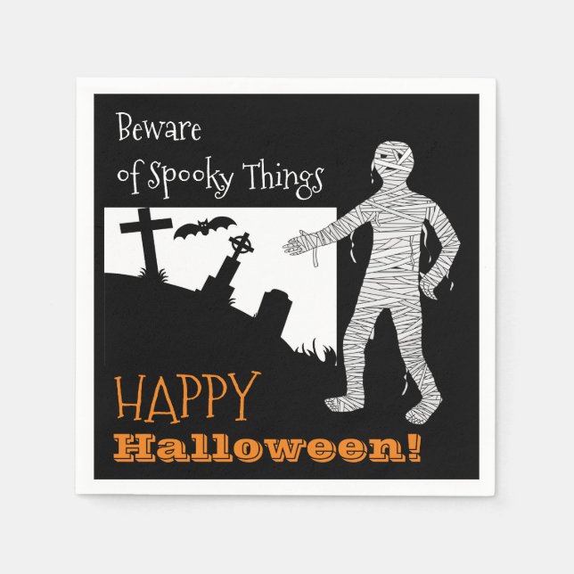 Halloween Spooky Bats Cemetery Mummy Black Orange Napkins (Front)