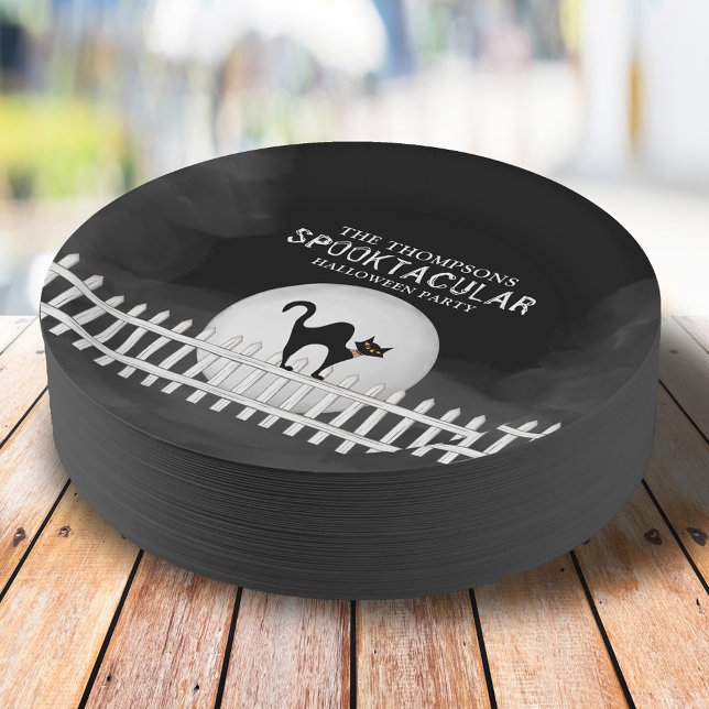 Halloween Spooky Black Cat Spooktacular Party Paper Plates (Halloween Spooktacular whimsical black cat on a picket fence paper plate. )