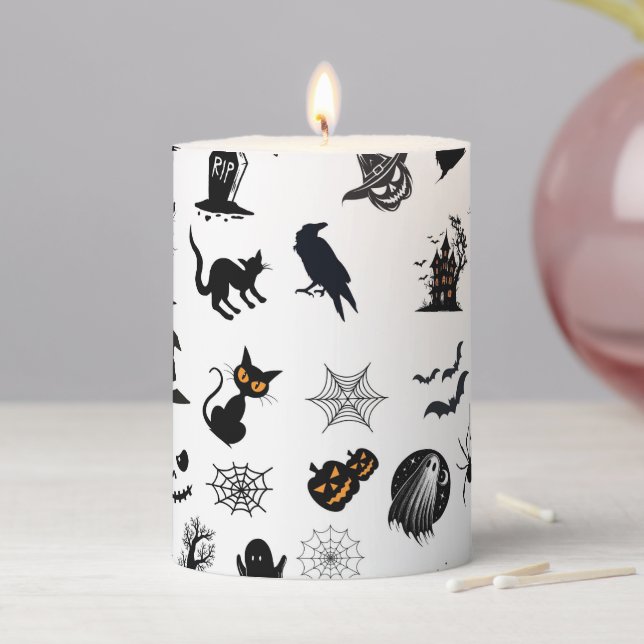 Halloween spooky black, white, orange pillar candle (In Situ)