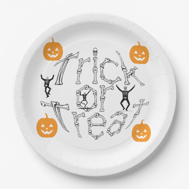 Halloween Spooky Bone Text Trick Or Treat Paper Plates (Front)