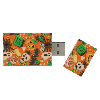 Halloween Spooky Candies Party Wood Flash Drive