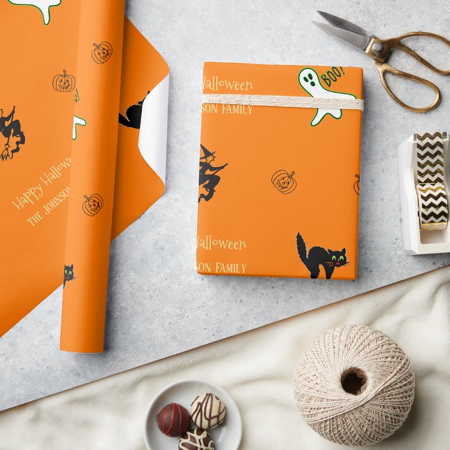 Halloween Spooky Cat Ghost Witch Fun Custom Text Wrapping Paper (Halloween Spooky Cat Ghost Witch Fun Custom Text Wrapping Paper)