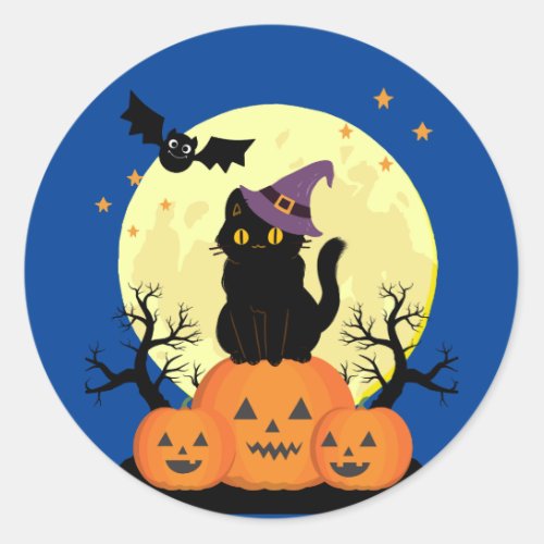 Halloween Spooky Cat Witch Jack_o_lanterns Classic Round Sticker