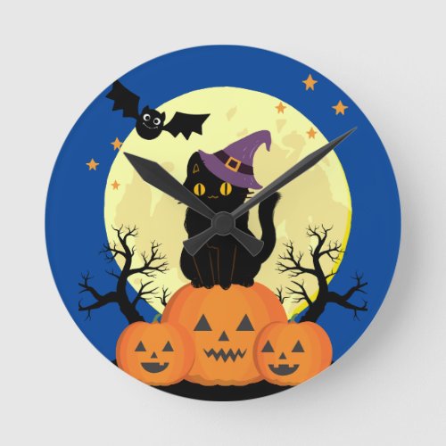 Halloween Spooky Cat Witch Jack_o_lanterns  Round Clock