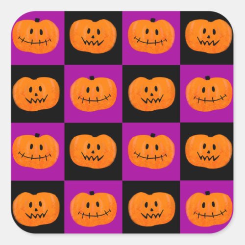 Halloween spooky checkered pumpkin pattern square sticker