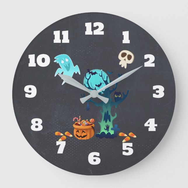 Halloween Spooky Creepy Ghosts Bats Skulls & Candy Large Clock (Front)