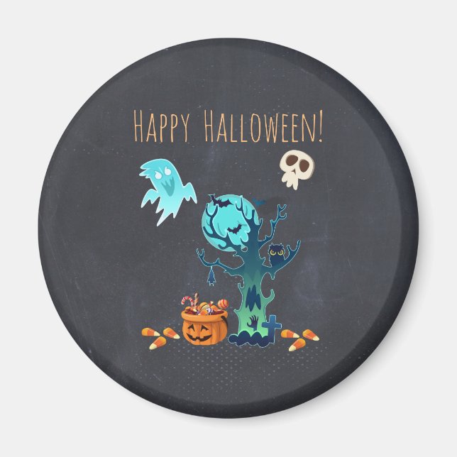 Halloween Spooky Creepy Ghosts Bats Skulls & Candy Magnet (Front)