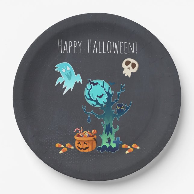 Halloween Spooky Creepy Ghosts Bats Skulls & Candy Paper Plates (Front)