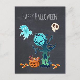 Halloween Spooky Creepy Ghosts Bats Skulls & Candy Postcard