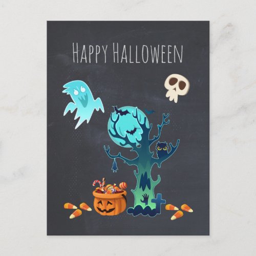 Halloween Spooky Creepy Ghosts Bats Skulls  Candy Postcard