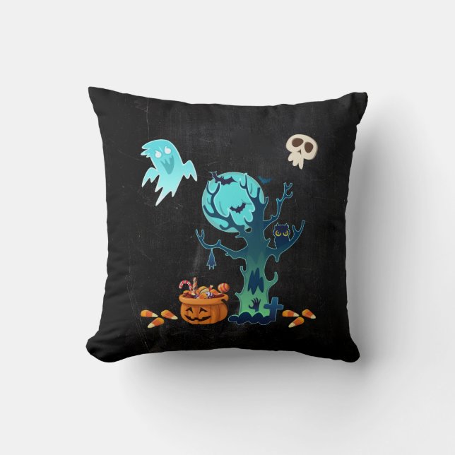 Halloween Spooky Creepy Ghosts Bats Skulls & Candy Throw Pillow (Front)